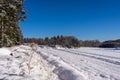 Winter beautiful landscape. Ski tracks or trails in the fresh snow. Amazing panoramic view of forest woods against blue sky and wh Royalty Free Stock Photo