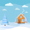 Winter beautiful snowy landscape with country rural wooden house, spruce, clouds, snow in cartoon style. Royalty Free Stock Photo