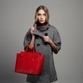 Winter beautiful Woman with Handbag. Beauty Fashion Girl in topcoat