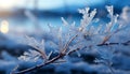 Winter beauty frost on branch, snow covered tree, frozen leaf generated by AI Royalty Free Stock Photo