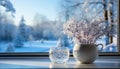Winter beauty in nature snow covered tree, frosty window generated by AI Royalty Free Stock Photo
