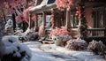 Winter beauty in nature snow covered trees, pink blossoms, and coniferous forests generated by AI
