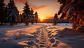 Winter beauty snow covered forest, tranquil sunset, frosty mountain, icy sunlight generated by AI