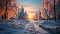 Winter beauty snow covered forest, tranquil sunset, frozen landscape generated by AI Royalty Free Stock Photo