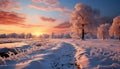 Winter beauty snow covered tree in tranquil forest at dusk generated by AI Royalty Free Stock Photo
