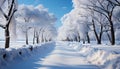 Winter beauty snow covered tree in tranquil forest landscape generated by AI Royalty Free Stock Photo