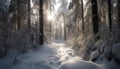 Winter beauty snow covered trees, tranquil footpath, sunlight through branches generated by AI