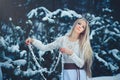 Winter Beauty Woman. Beautiful fashion model girl with snow hairstyle and makeup in the winter forest. Festive makeup and manicure Royalty Free Stock Photo