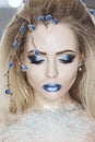 Winter Beauty Woman. Christmas Girl Makeup. Holiday Make-up. Snow Queen High Fashion Portrait over Blue Snow Background. Eyeshadow Royalty Free Stock Photo