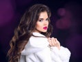 Winter beauty woman in white fur coat. Fashion model portrait. H Royalty Free Stock Photo