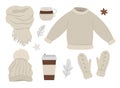 Winter beige clothes set. Collection of vector clothing items for cold weather. Flat illustration of knitted warm sweater, hat, Royalty Free Stock Photo