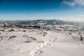 Winter Beskid Slaski and Beskid Zywiecki mountains panorama from hiking trail near Barania Gora hill in Poland Royalty Free Stock Photo