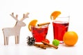 Winter beverage concept. Traditional winter beverage with cinnamon sticks and orange fruit. Glasses with mulled wine or