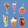 Winter beverages vector collection. Isolated cartoon seasonal drinks on blue