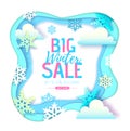 Winter big sale typography poster with snowflakes and clouds. Cut out paper art style design Royalty Free Stock Photo