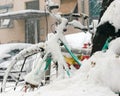 Winter bike. Bicycle under snow