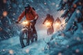 Winter bike enthusiasts Friends maintaining bikes and enjoying a snowy ride Royalty Free Stock Photo