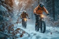 Winter bike enthusiasts Friends maintaining bikes and enjoying a snowy ride Royalty Free Stock Photo