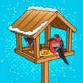 Winter bird feeder pop art vector illustration