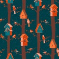 Winter birds, birdhouses, berries seamless pattern