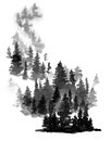 Winter Black and White Watercolor Silhouette of Conifer Tree, Monochrome Snow Woodland