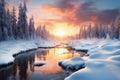 Winter Bliss. Snow-Covered Trees, Frozen Lake, and Enchanting Sunset Reflection Royalty Free Stock Photo