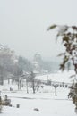 Winter blizzard in the ukrainian city snowing outside