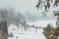 Winter blizzard in the ukrainian city snowing outside