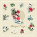 Winter bloom bouquet design with bird, foliages, flowers watercolor illustration Royalty Free Stock Photo