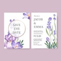 Winter bloom wedding card design with lavender, cattleya watercolor illustration