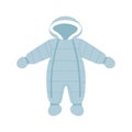 Winter blue baby overalls. Flat style snow suit with hood. Baby clothing.