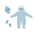 Winter blue baby overalls, winter hat and mittens. Flat style snow suit with hood. Baby clothing.