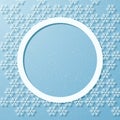 Winter blue background of snowflakes and a round frame in paper style on a snowfall background. Royalty Free Stock Photo