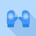 Winter blue gloves icon, flat style