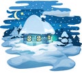 Winter blue house with snow