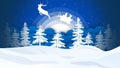Winter blue sky with snow winter landscape and full moon - Santa Claus flies on sleigh with reindeer - Festive winter background Royalty Free Stock Photo