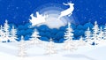 Winter blue sky with snow winter landscape and full moon - Santa Claus flies on sleigh with reindeer - Festive winter background Royalty Free Stock Photo