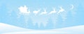 Winter blue snowy forest with the silhouette of Santa Claus flying in a sleigh with reindeer. Christmas modern banner Royalty Free Stock Photo