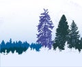 Winter blue, white and green snowy panoramic forest landscape with frozen conifers