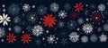 Winter blue white red snowflakes pattern illustration on dark blue background. Winter snowflakes banner. Horizontal format for Royalty Free Stock Photo