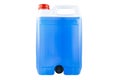 Winter blue windshield washer fluid in a five liter bottle, closed with a red cap and with a funnel at the bottom, isolated on a w