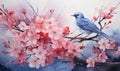 Winter bluebird sitting on blooming tree branch