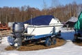 Winter boats parking - boat on trailer Royalty Free Stock Photo