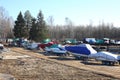 Winter boats parking - Many boats on a trailers