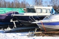 Winter boats parking - boats on a trailers Royalty Free Stock Photo