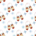 Winter boho seamless pattern with geometric snowflakes and mittens isolated on white background. season design for print