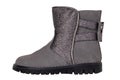 Winter boots. Close-up of a single elegant gray silver leather winter boot lined with white leather. Girls winter shoe fashion new