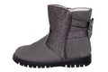 Winter boots. Close-up of a single elegant gray silver leather winter boot lined with white leather. Girls winter shoe fashion new