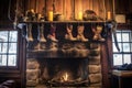 winter boots hanging above warm fireplace Royalty Free Stock Photo