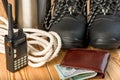 Winter boots, walkie-talkie, strong rope and some money for a da Royalty Free Stock Photo